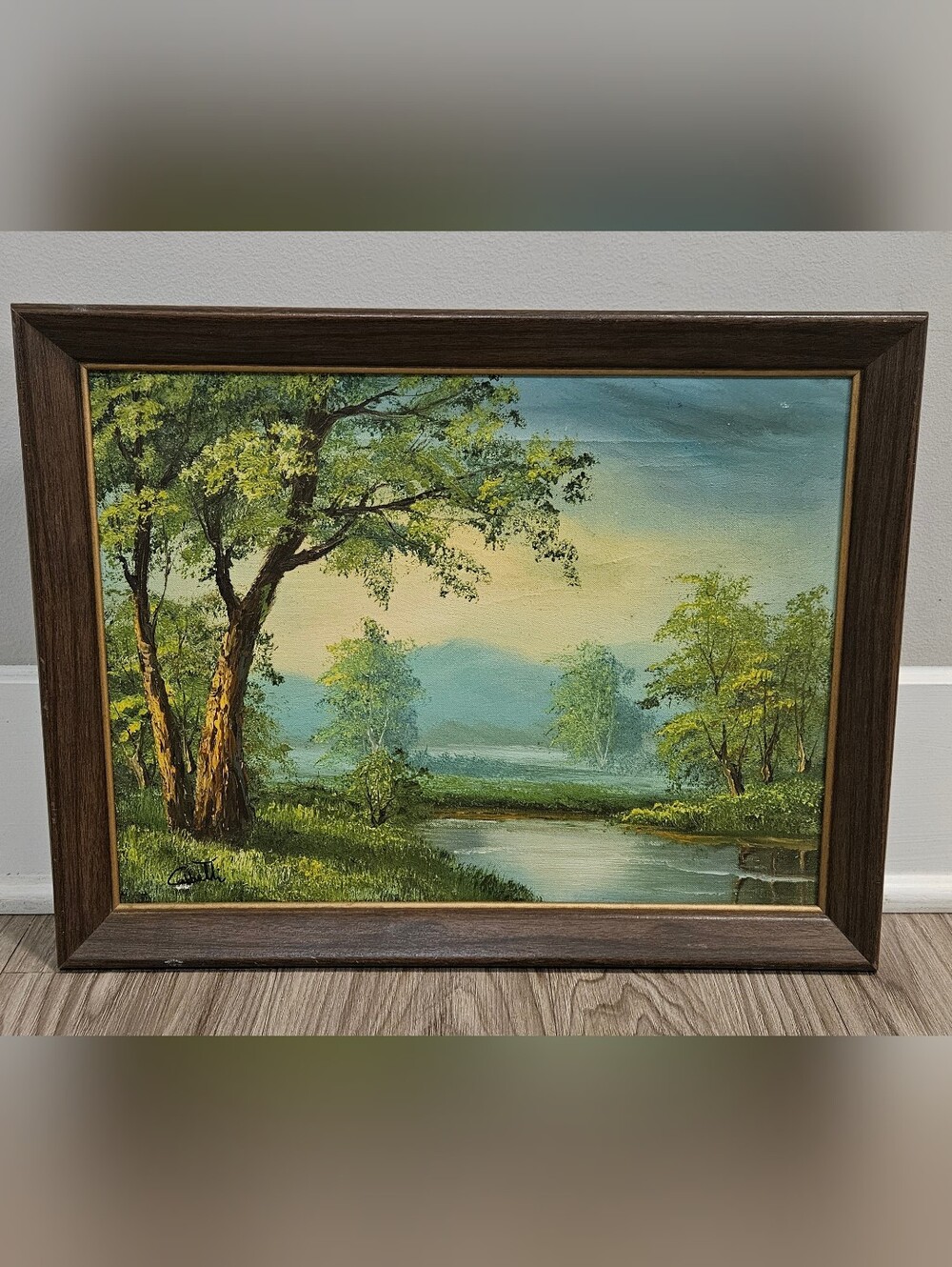 Vintage Signed Cabbetti Landscape Oil Painting Forest River Scene Artwork